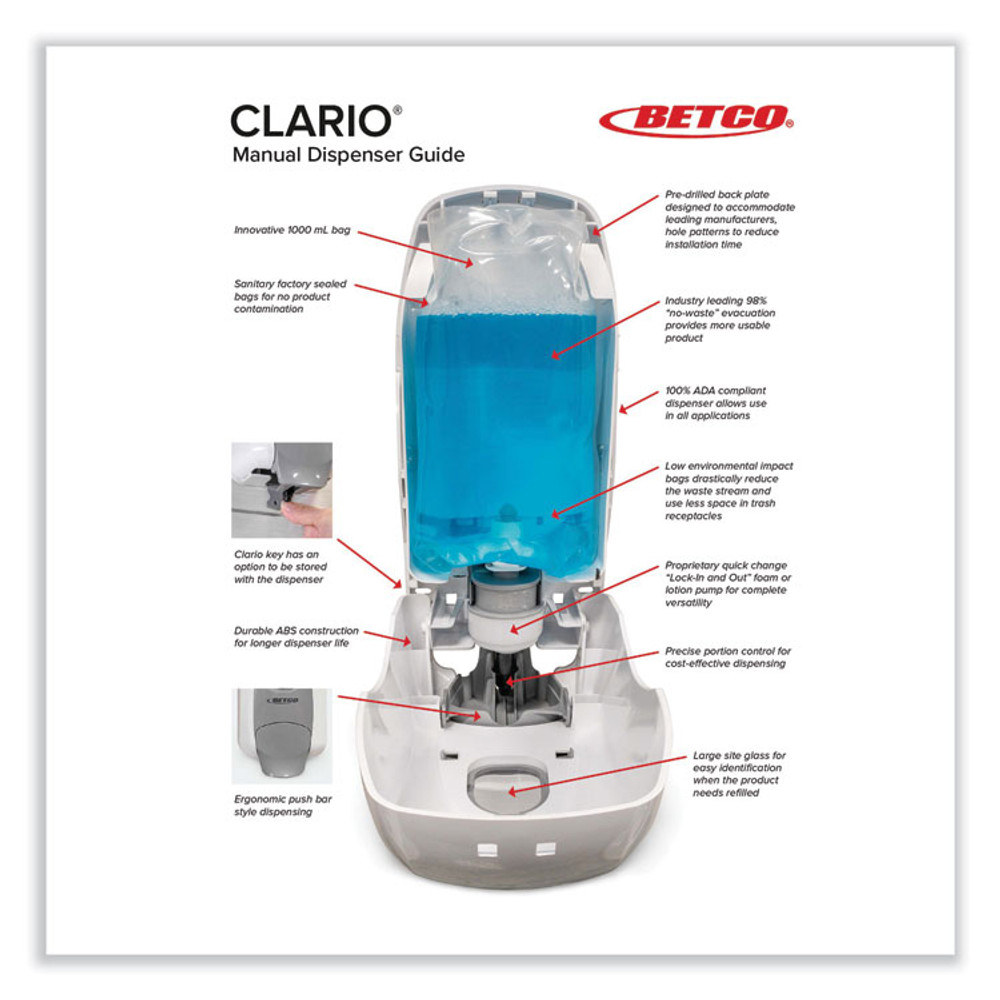 BETCO CORPORATION 9254200 Clario Dispensing System Manual Foam Dispenser, 1,000 mL, 5.11 x 3.85 x 11.73, White, 12/Carton