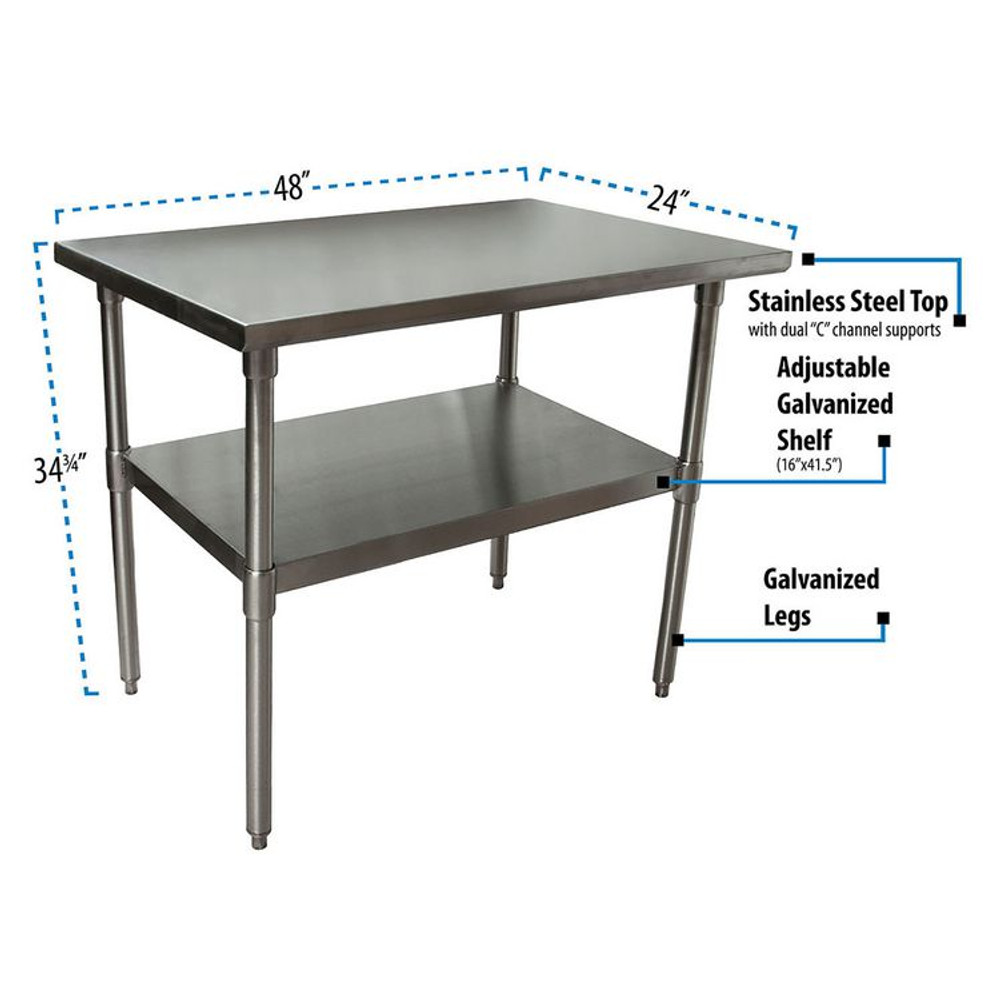 BK RESOURCES 2VT4824 Stainless Steel Flat Top Work Tables, 48w x 24d x 36h, Silver, 2/Pallet