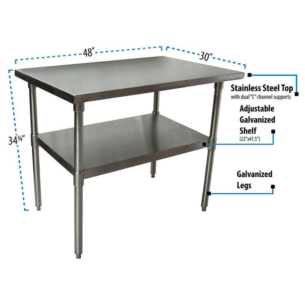 BK RESOURCES 2VT4830 Stainless Steel Flat Top Work Tables, 48w x 30d x 36h, Silver, 2/Pallet