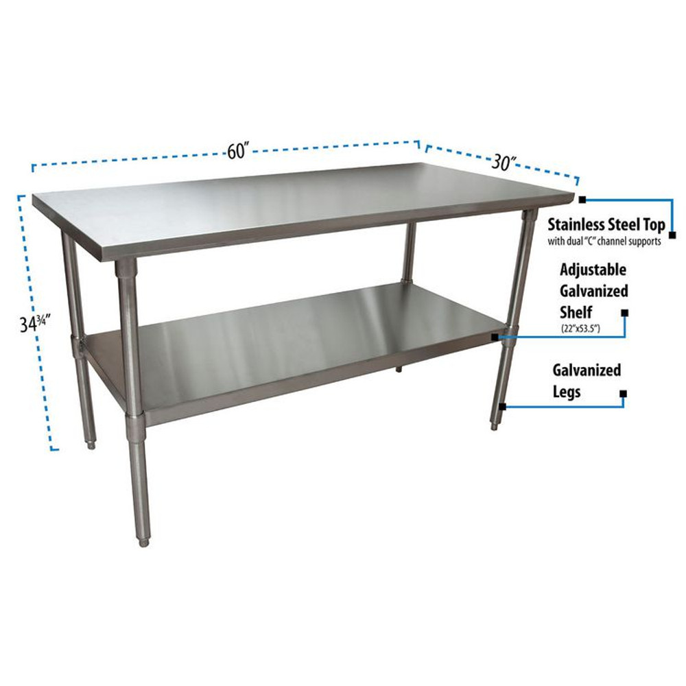 BK RESOURCES 2VT6030 Stainless Steel Flat Top Work Tables, 60w x 30d x 36h, Silver, 2/Pallet