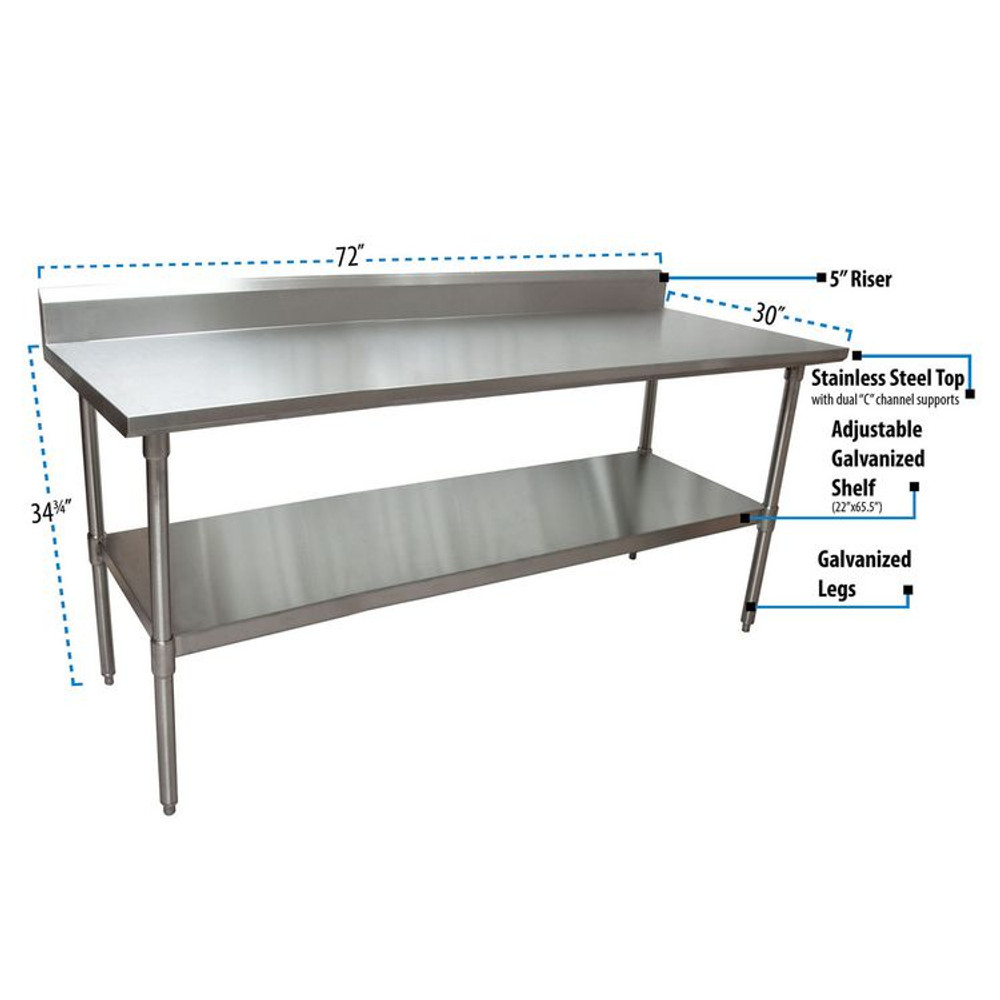 BK RESOURCES 2VTR57230 Stainless Steel 5" Riser Top Tables, 72w x 30d x 39.75h, Silver, 2/Pallet