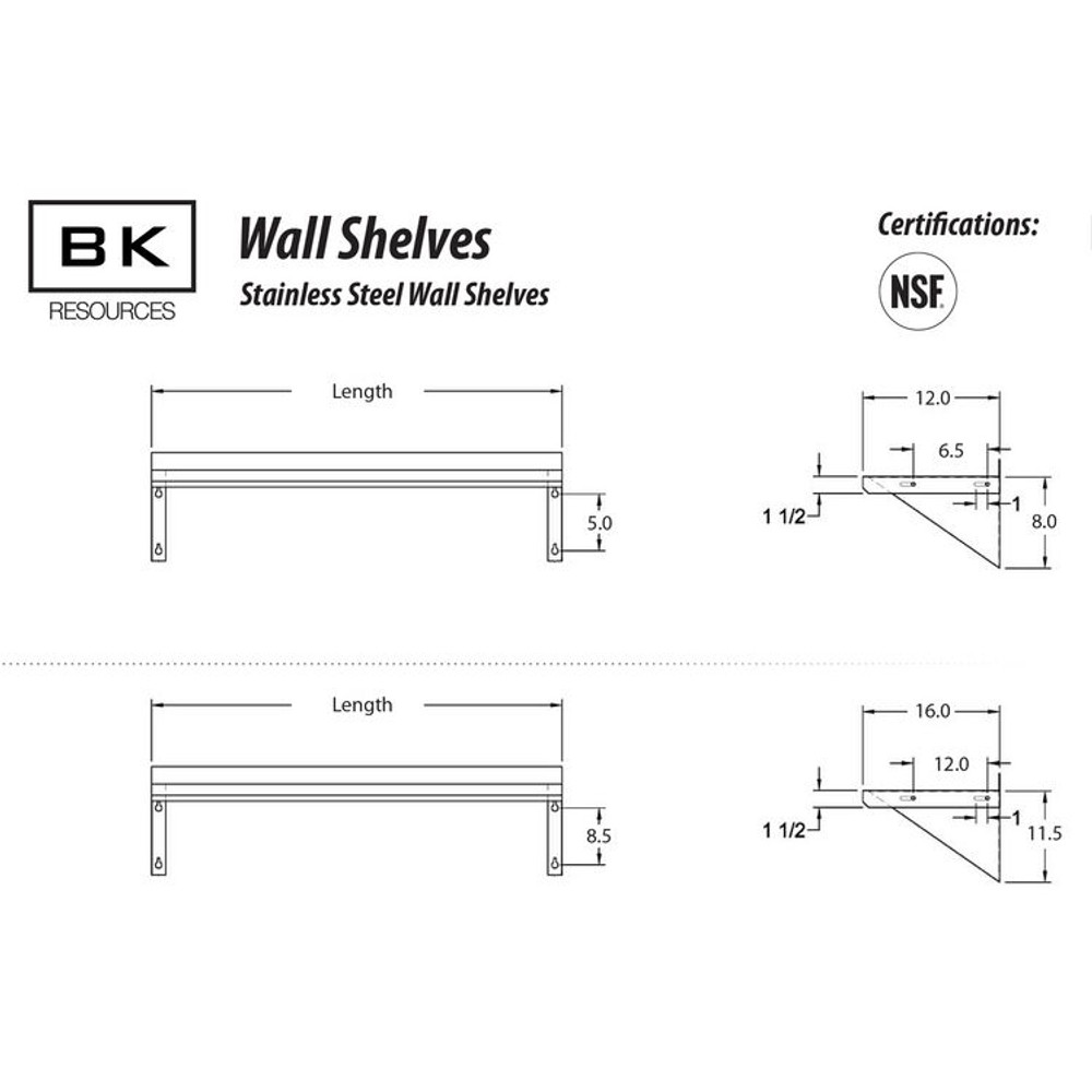 BK RESOURCES 2WSE1648 Stainless Steel Economy Overshelf, 48w x 16d x 11.5h, Stainless Steel, Silver, 2/Pallet