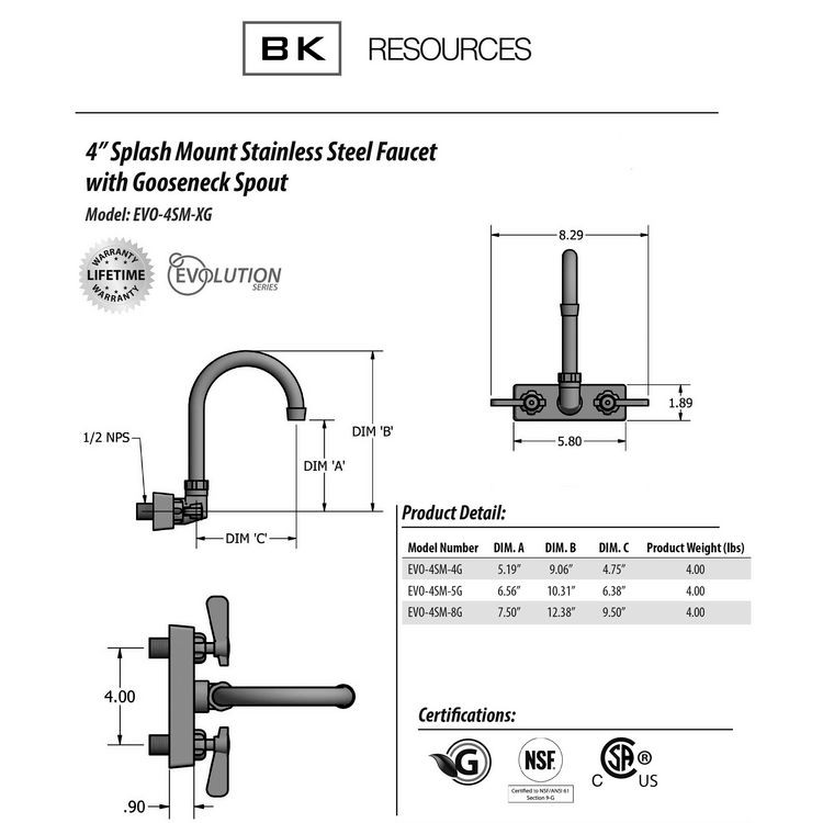BK RESOURCES EVO4SM4G Evolution Splash Mount Stainless Steel Faucet, 9.06" Height/4.5" Reach, Stainless Steel
