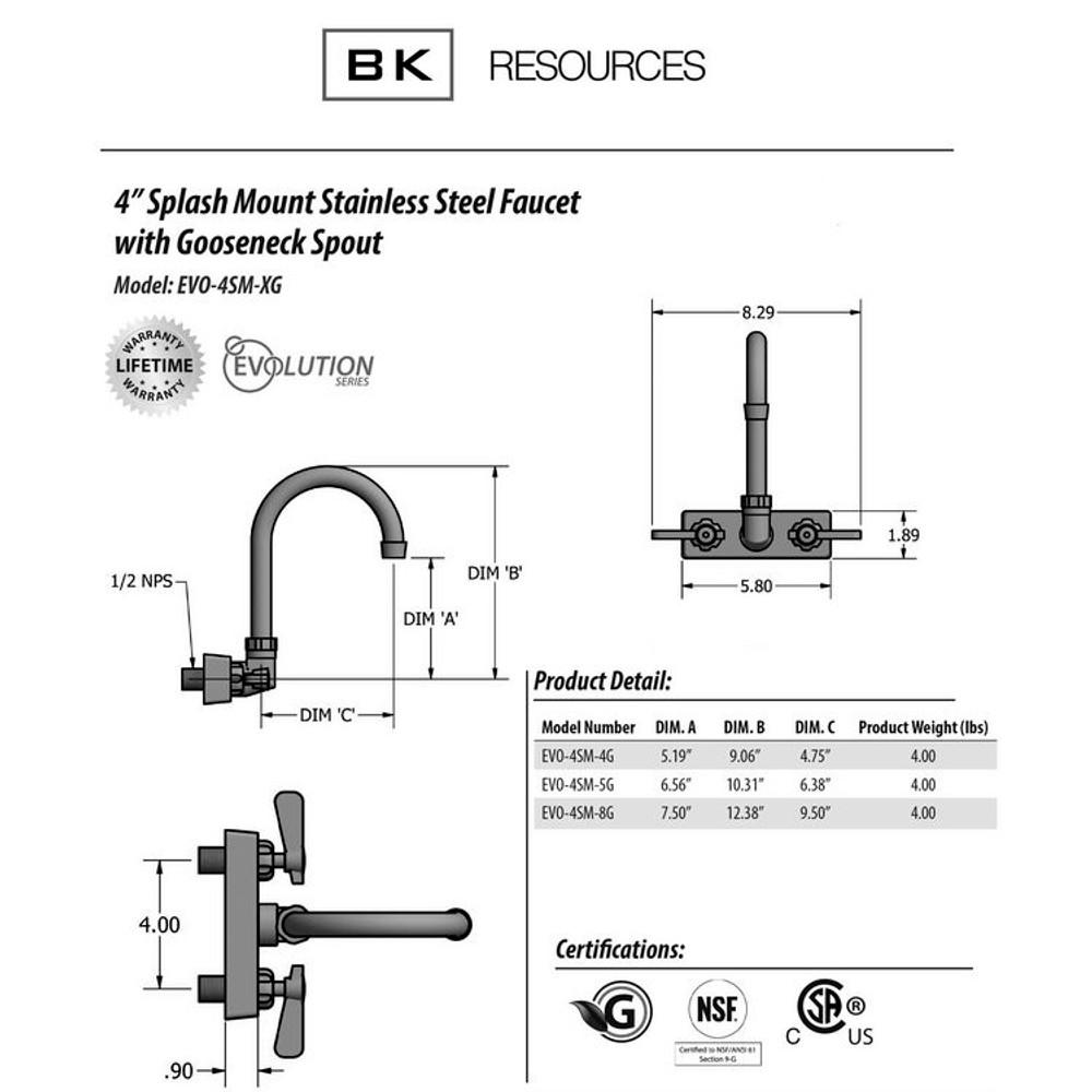 BK RESOURCES EVO4SM4G Evolution Splash Mount Stainless Steel Faucet, 9.06" Height/4.5" Reach, Stainless Steel