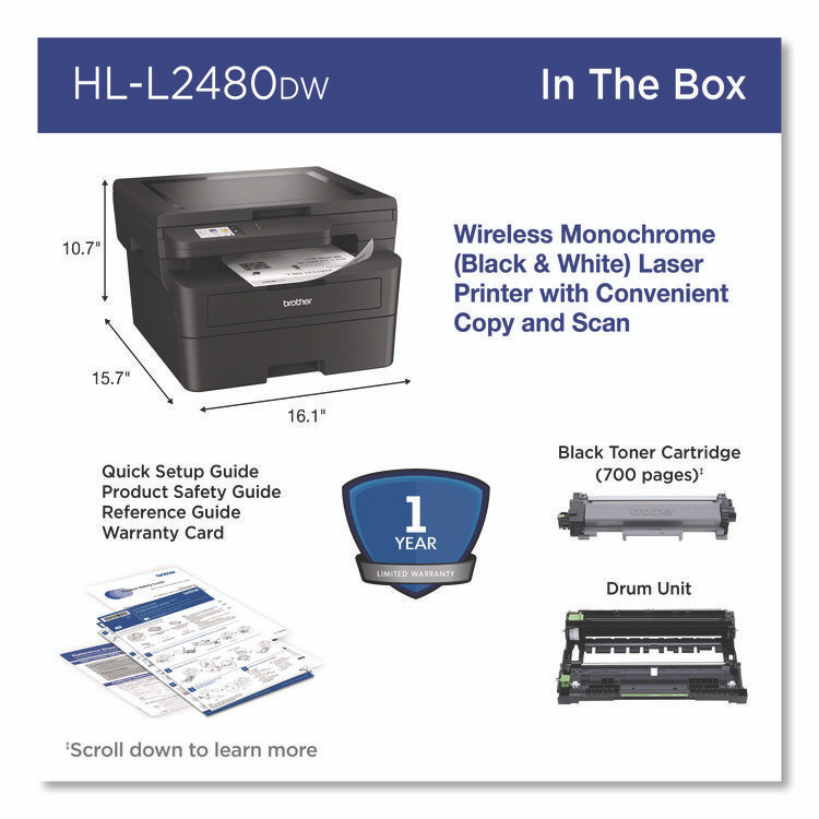 BROTHER INTL. CORP. HLL2480DW Wireless HL-L2480DW Compact Monochrome Multi-Function Laser Printer, Copy/Print/Scan