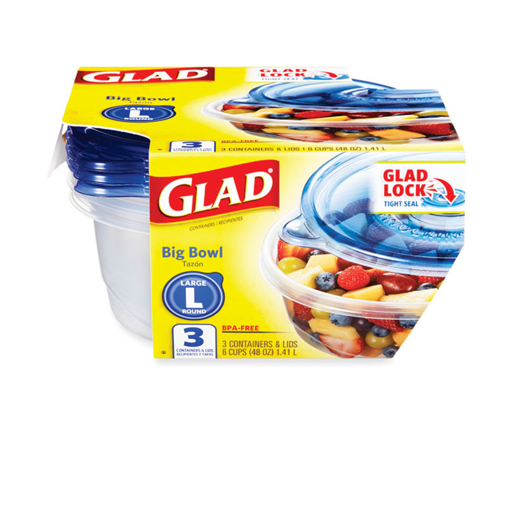 CLOROX SALES CO. Glad® 70111 Big Bowl Food Storage Containers with Lids, 48 oz, Clear/Blue, Plastic, 3/Box