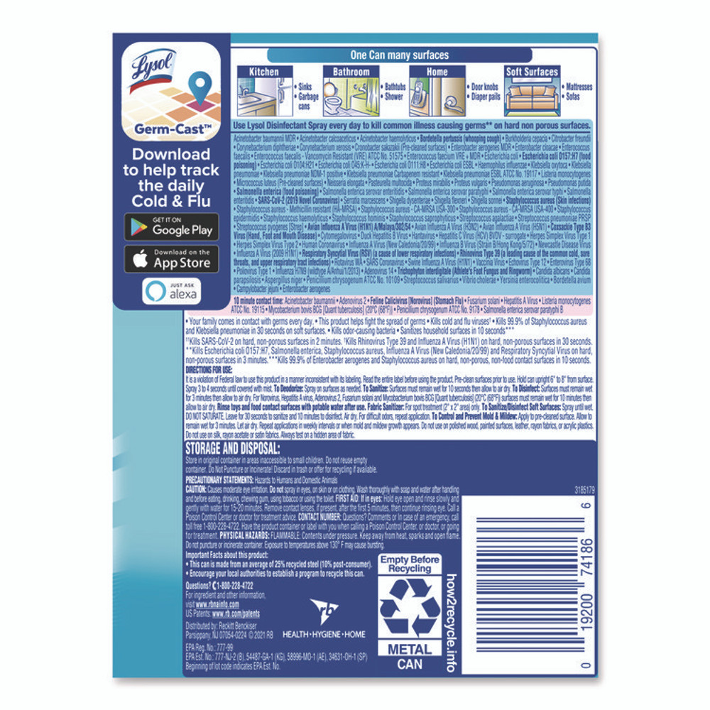 RECKITT BENCKISER LYSOL® Brand 74186EA Disinfectant Spray, Crisp Linen Scent, 12.5 oz Aerosol Spray