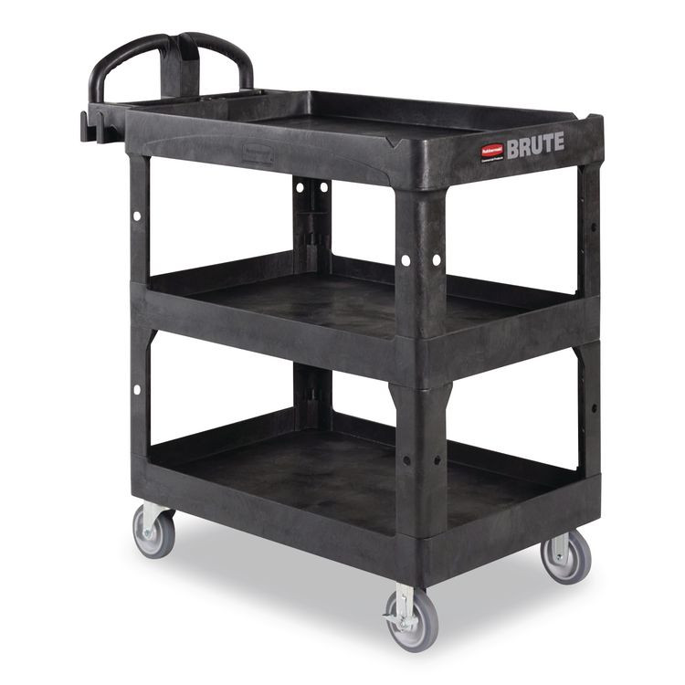 RUBBERMAID COMMERCIAL PROD. 2196862 BRUTE 3-Shelf Heavy-Duty Ergo Lipped Utility Cart, Resin, 3 Shelves, 600 lb Capacity, 25.24" x 44" x 47", Black