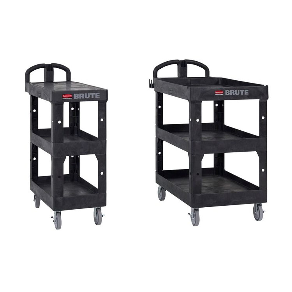 RUBBERMAID COMMERCIAL PROD. 2203280 BRUTE 3-Shelf Heavy-Duty Ergo Flat Utility Cart, Plastic, 3 Shelves, 600 lb Capacity, 25.24" x 48.63" x 46.18", Black