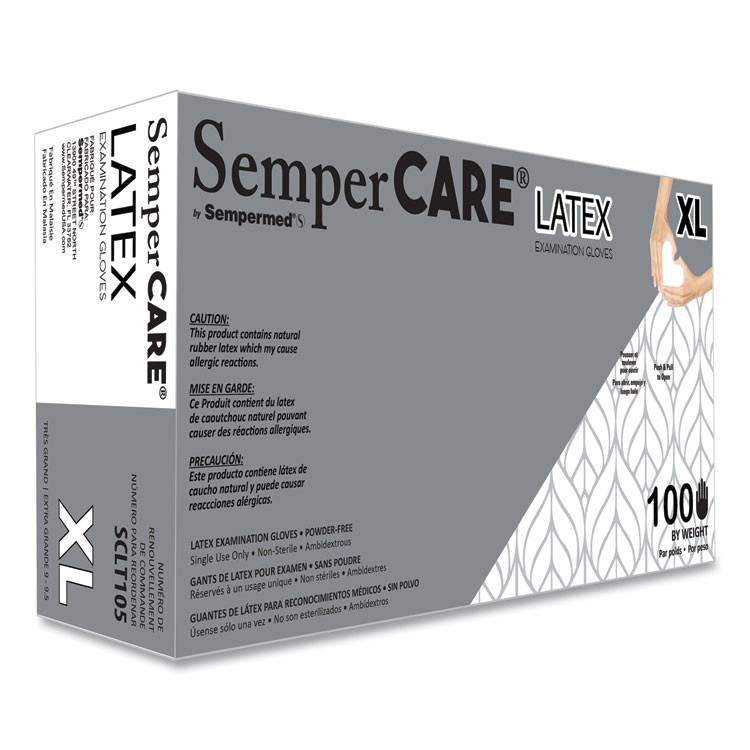 SEMPERMED USA, INC. SemperCare® SCLT105BX Latex Examination Gloves, Powder-Free, X-Large, 5 mil Thick, 9.45" Long, Cream, 100/Box