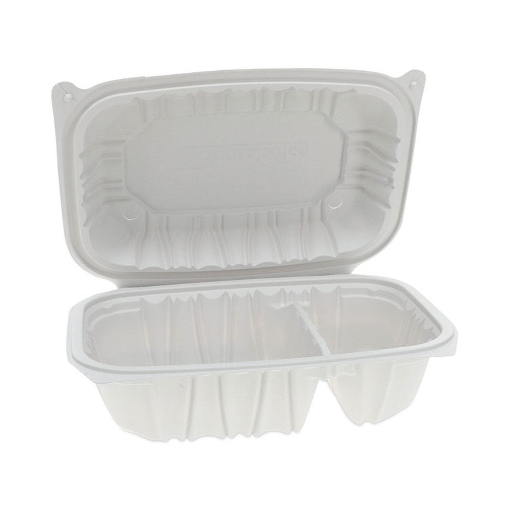 PACTIV EVERGREEN CORPORATION YCNW02052 EarthChoice Vented Microwavable MFPP Hinged Lid Container, 2-Compartment, 9 x 6 x 3.1, White, Plastic, 170/Carton