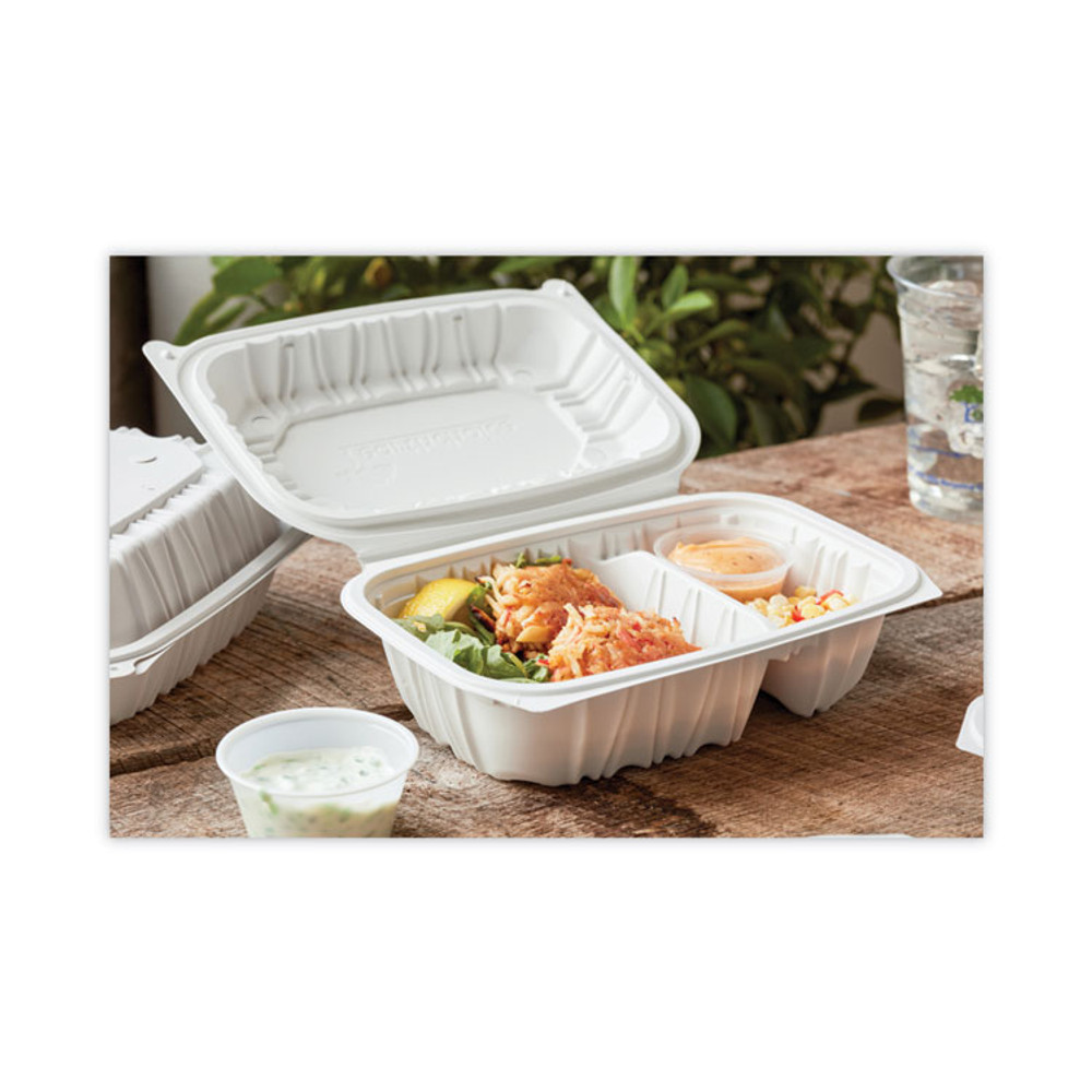 PACTIV EVERGREEN CORPORATION YCNW02052 EarthChoice Vented Microwavable MFPP Hinged Lid Container, 2-Compartment, 9 x 6 x 3.1, White, Plastic, 170/Carton