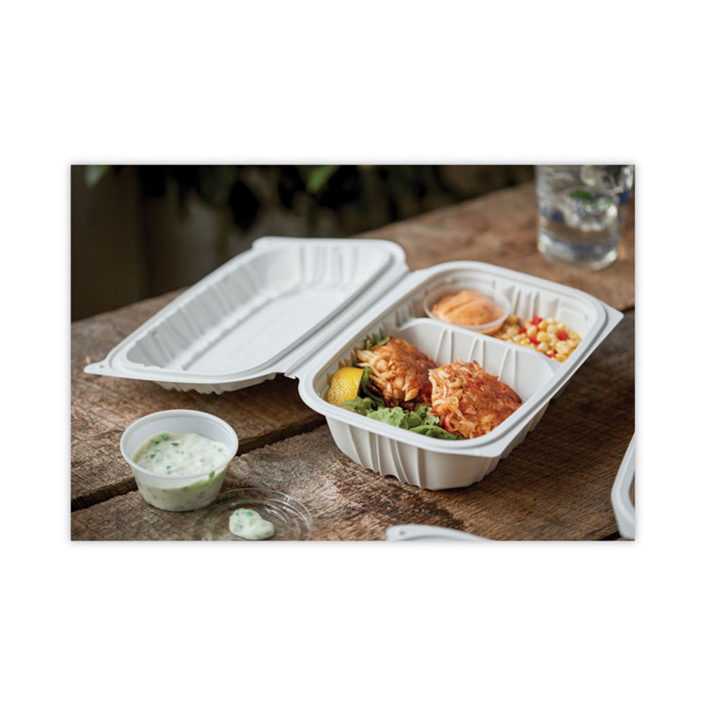 PACTIV EVERGREEN CORPORATION YCNW02052 EarthChoice Vented Microwavable MFPP Hinged Lid Container, 2-Compartment, 9 x 6 x 3.1, White, Plastic, 170/Carton