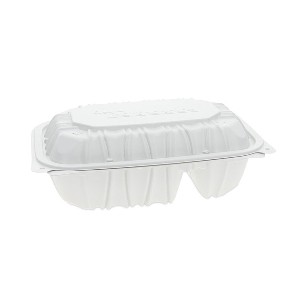 PACTIV EVERGREEN CORPORATION YCNW02052 EarthChoice Vented Microwavable MFPP Hinged Lid Container, 2-Compartment, 9 x 6 x 3.1, White, Plastic, 170/Carton