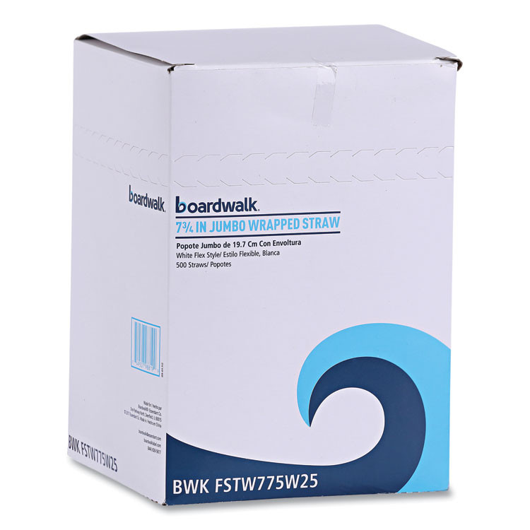 BOARDWALK FSTW775W25 Flexible Wrapped Straws, 7.75", Plastic, White, 500/Pack, 20 Packs/Carton