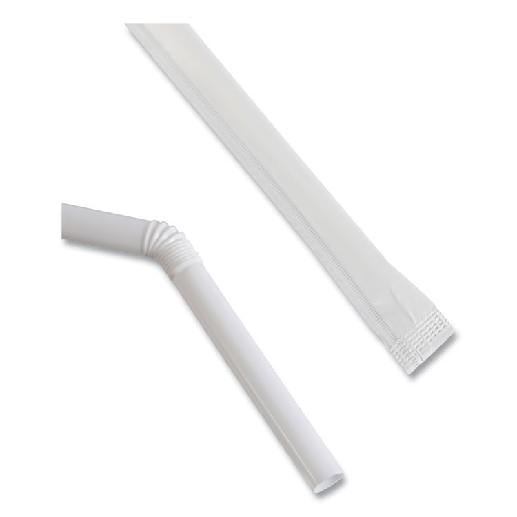 BOARDWALK FSTW775W25 Flexible Wrapped Straws, 7.75", Plastic, White, 500/Pack, 20 Packs/Carton