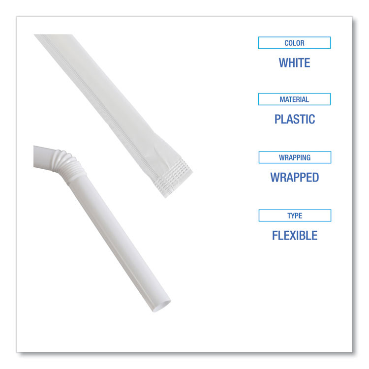 BOARDWALK FSTW775W25 Flexible Wrapped Straws, 7.75", Plastic, White, 500/Pack, 20 Packs/Carton