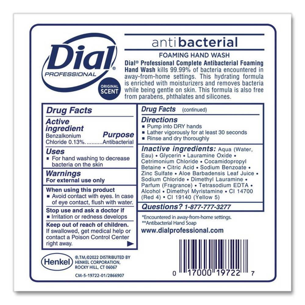DIAL PROFESSIONAL 19723 Antibacterial Foaming Hand Wash Refill for 1700 V Dispenser, Original Scent, 1.7 L, 3/Carton