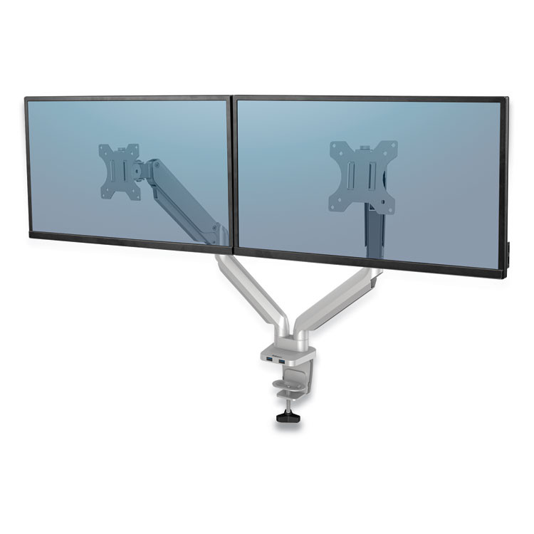 FELLOWES MFG. CO. 8056501 Platinum Series Dual Monitor Arm, For 40" Monitors, 360 deg Rotation, 45 deg Tilt, 180 deg Pan, Silver, Supports 17.6 lb
