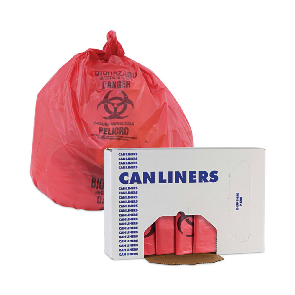 BOARDWALK IW2432R Linear Low Density Health Care Trash Can Liners, 16 gal, 1.3 mil, 24" x 32", Red, Flat Pack, 250/Carton