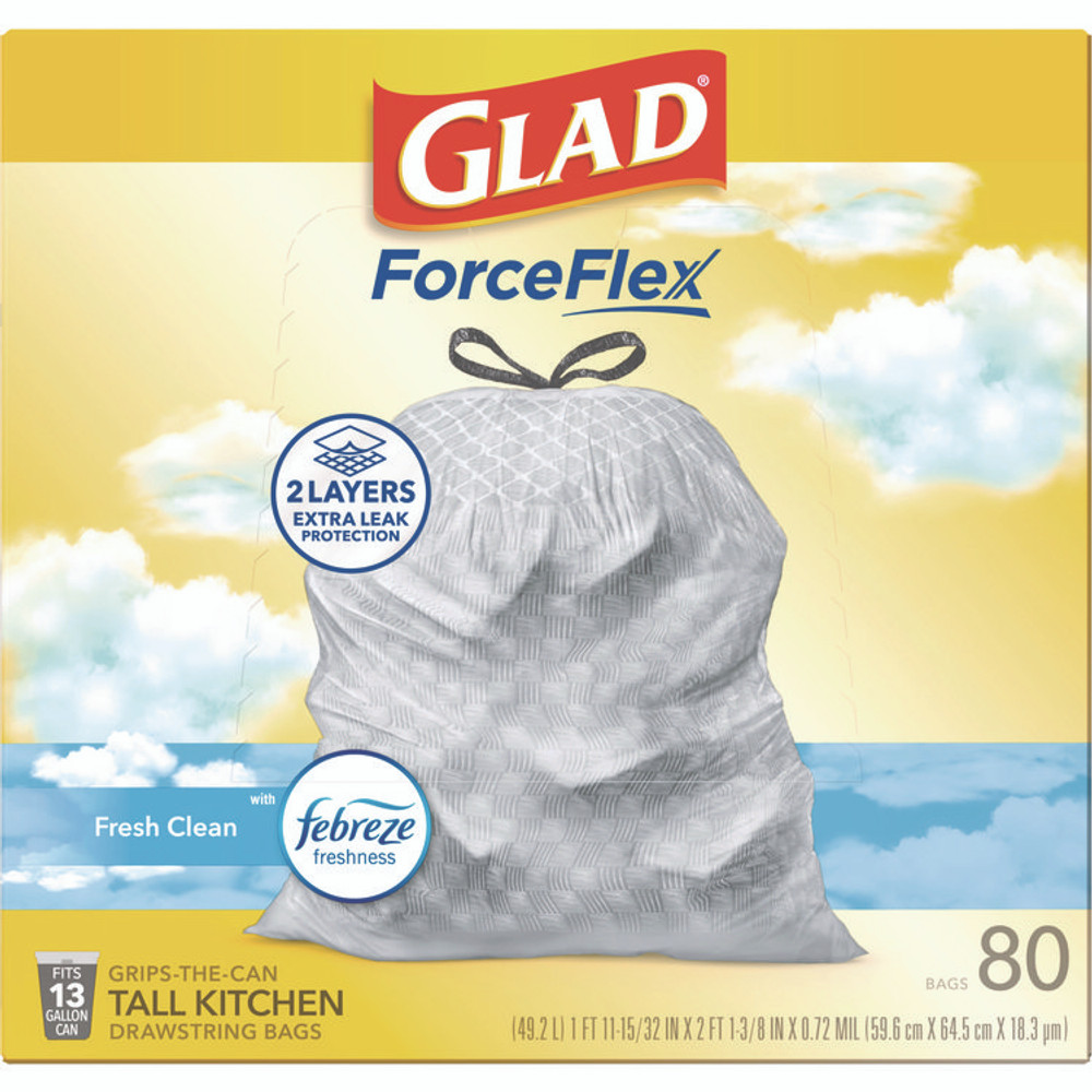CLOROX SALES CO. Glad® 78899 OdorShield Tall Kitchen Drawstring Bag Value Pack, 13 gal, Fresh Clean Scent, 24" x 27.38", White, 80 Bags/Box, 3 Boxes/CT
