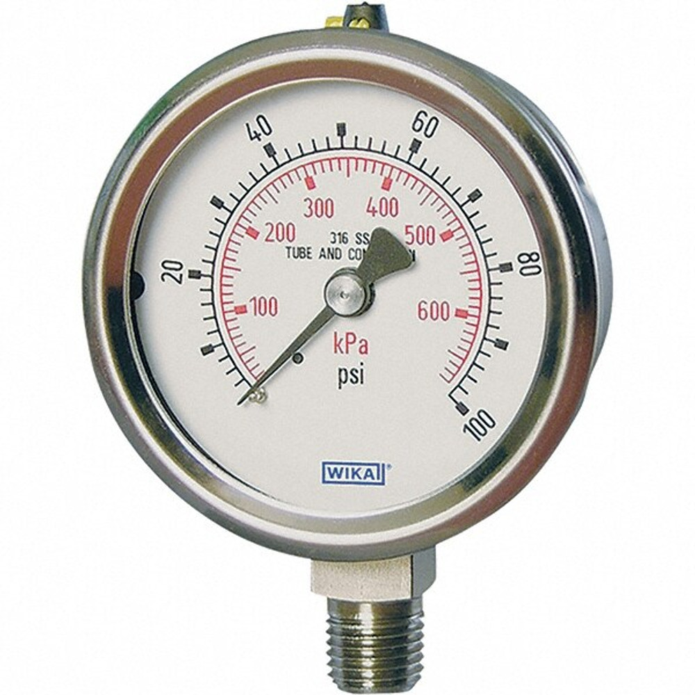 Wika 52821161 Pressure Gauge: 4" Dial, 1/4" Thread, BSPP, Lower Mount