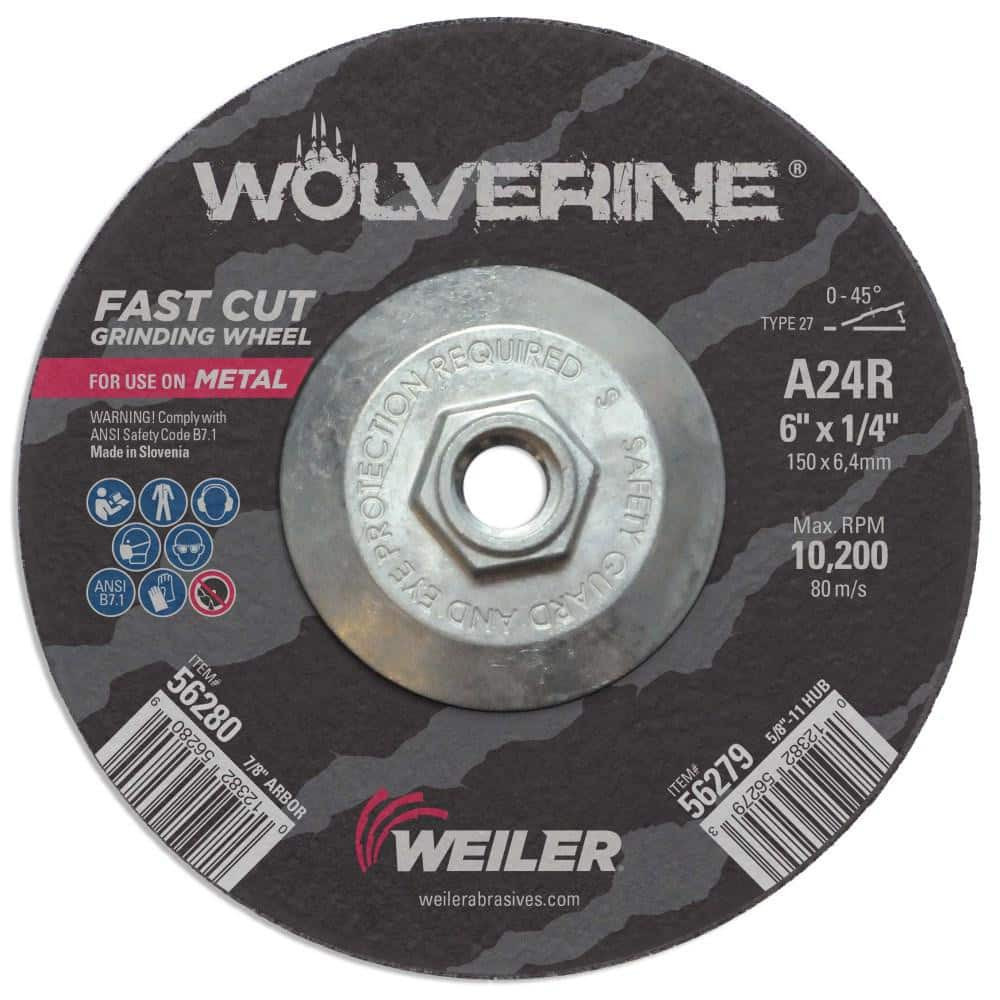 Weiler 56279 Depressed Center Wheel: Type 27, 6" Dia, 1/4" Thick, Aluminum Oxide