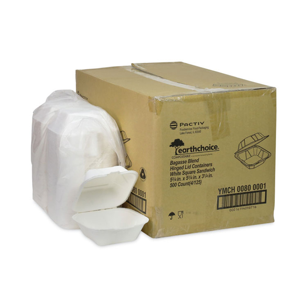 PACTIV EVERGREEN CORPORATION YMCH00800001 EarthChoice Bagasse Hinged Lid Container, Single Tab Lock, 6" Sandwich, 5.8 x 5.8 x 3.3, Natural, Sugarcane, 500/Carton