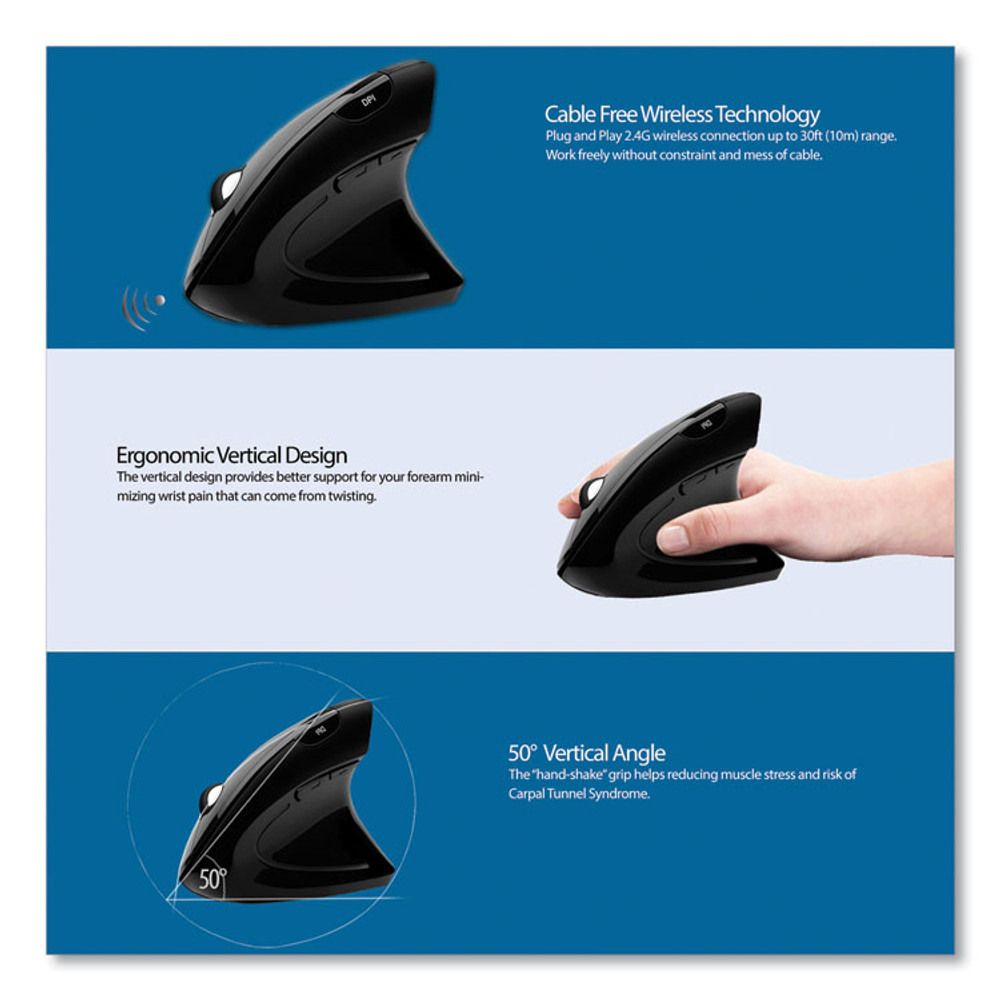 ADESSO INC IMOUSEE10 iMouse E10 Wireless Vertical Ergonomic USB Mouse, 2.4 GHz Frequency/33 ft Wireless Range, Right Hand Use, Black