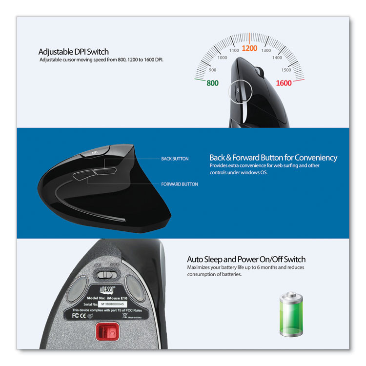 ADESSO INC IMOUSEE10 iMouse E10 Wireless Vertical Ergonomic USB Mouse, 2.4 GHz Frequency/33 ft Wireless Range, Right Hand Use, Black