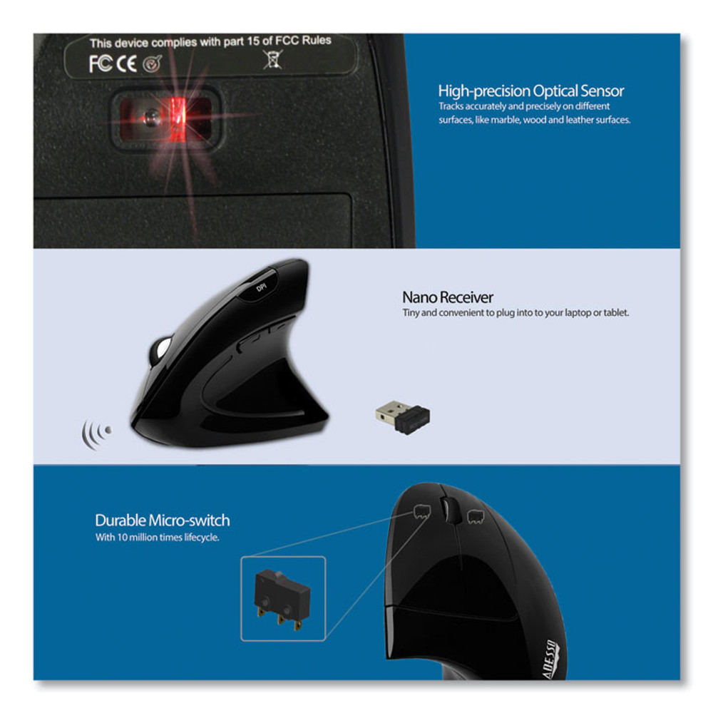 ADESSO INC IMOUSEE10 iMouse E10 Wireless Vertical Ergonomic USB Mouse, 2.4 GHz Frequency/33 ft Wireless Range, Right Hand Use, Black