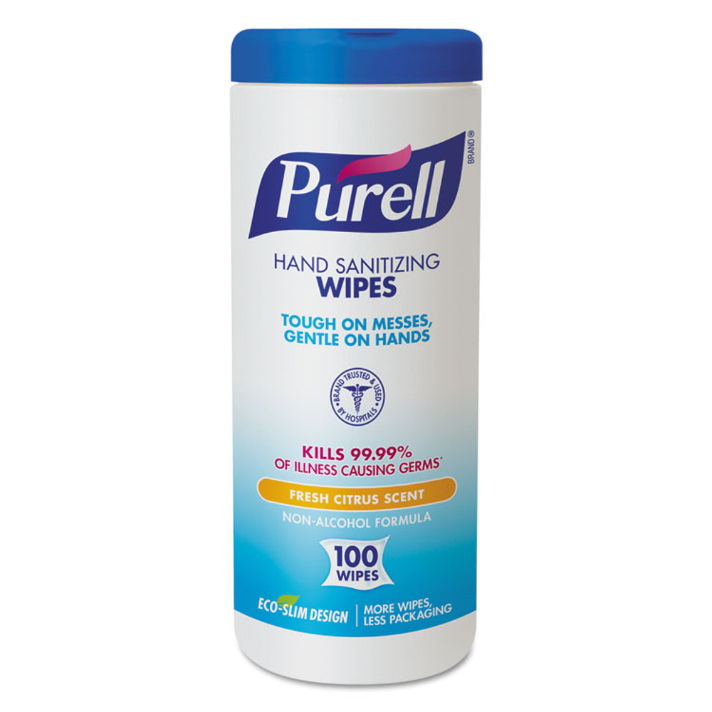 GO-JO INDUSTRIES PURELL® 9111-12CT Premoistened Hand Sanitizing Wipes, 5.78 x 7, Fresh Citrus, White, 100/Canister, 12 Canisters/Carton
