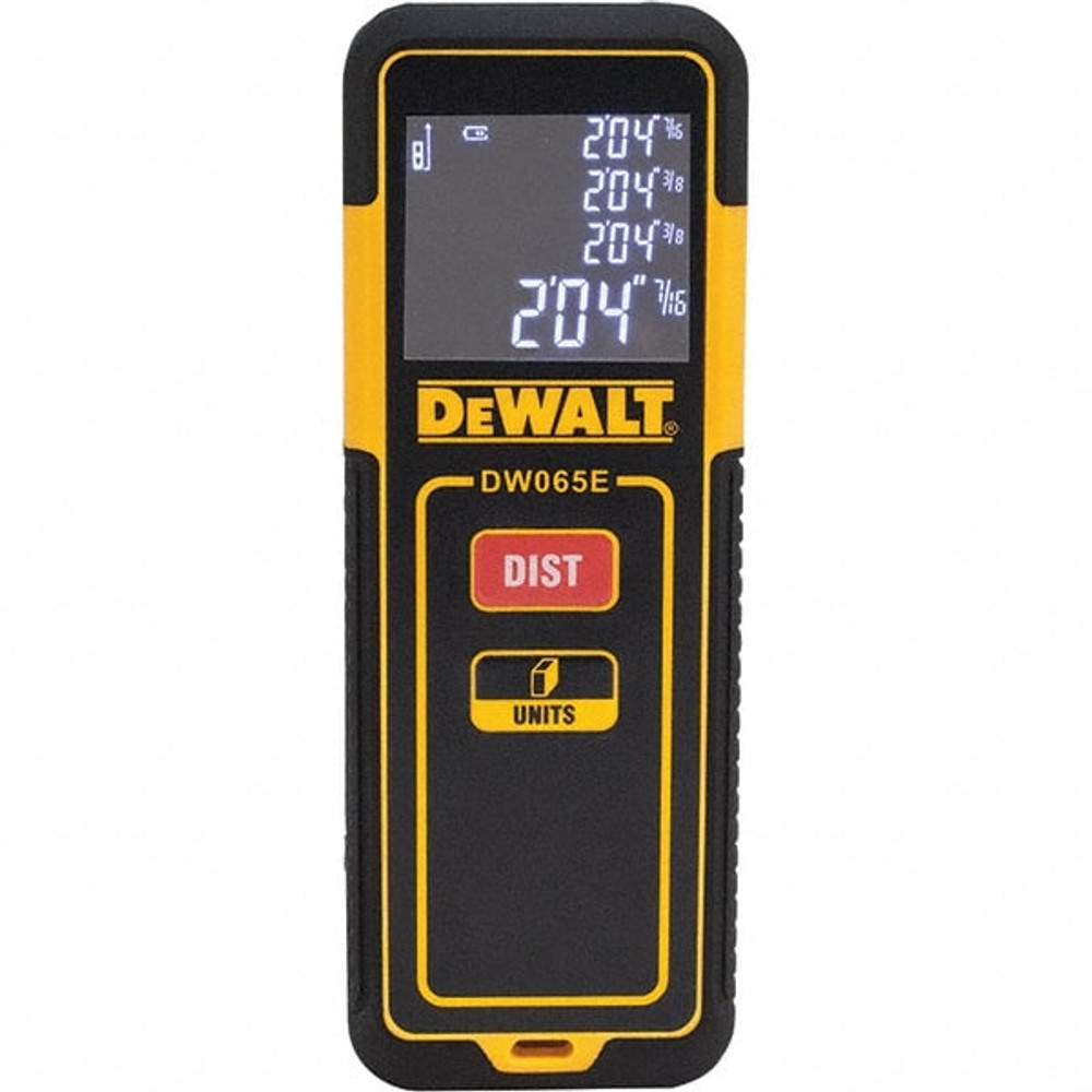 DeWALT DW065E Laser & Ultrasonic Distance Finders; Maximum Distance (Feet): 65.00 ; Accuracy: 1/8 in ; Battery Size: AAA ; Includes: AAA Batteries ; Minimum Distance (Inch): 6 ; Minimum Distance (Feet): 0.50