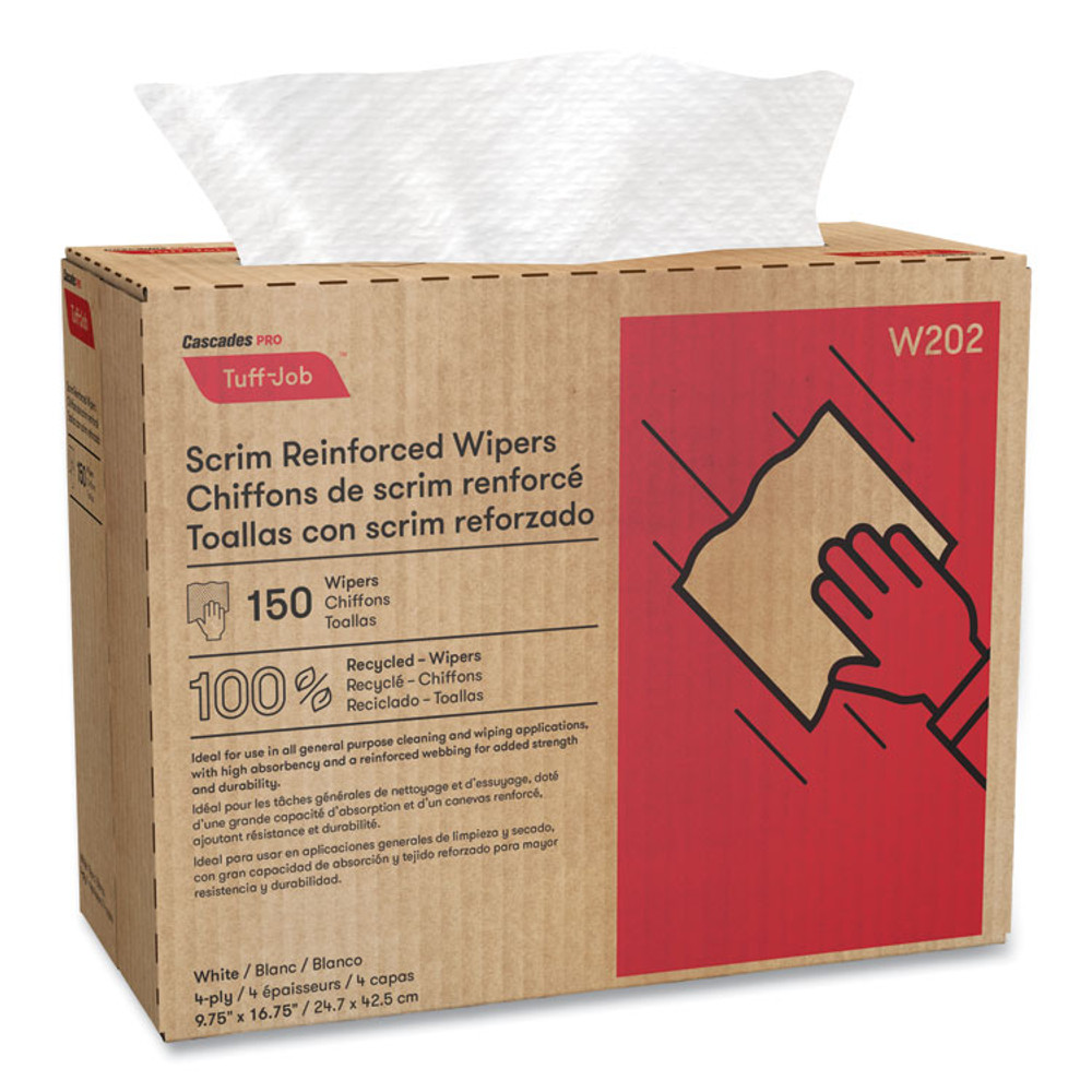 CASCADES TISSUE GROUP PRO W202 Tuff-Job Scrim Reinforced Wipers, 4-Ply, 9.75 x 16.75, White, 150/Box, 6 Box/Carton