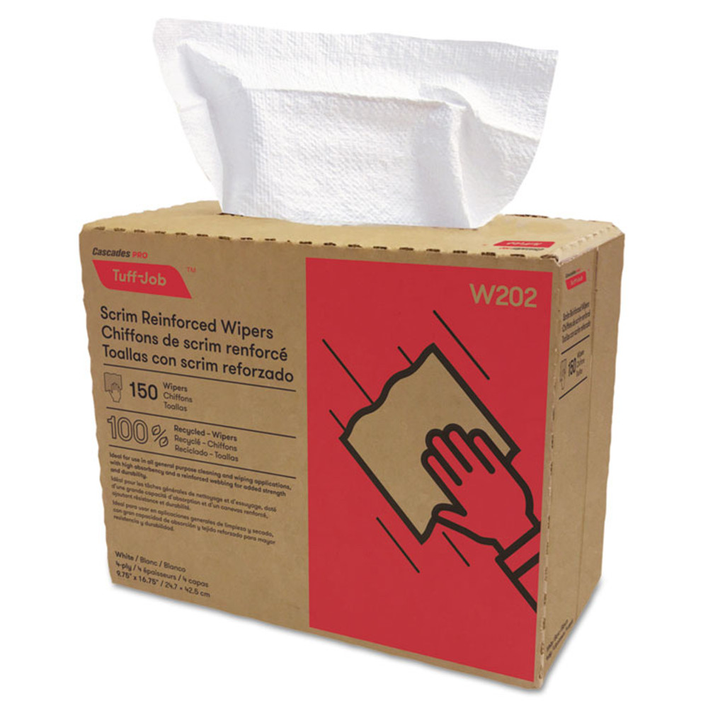 CASCADES TISSUE GROUP PRO W202 Tuff-Job Scrim Reinforced Wipers, 4-Ply, 9.75 x 16.75, White, 150/Box, 6 Box/Carton