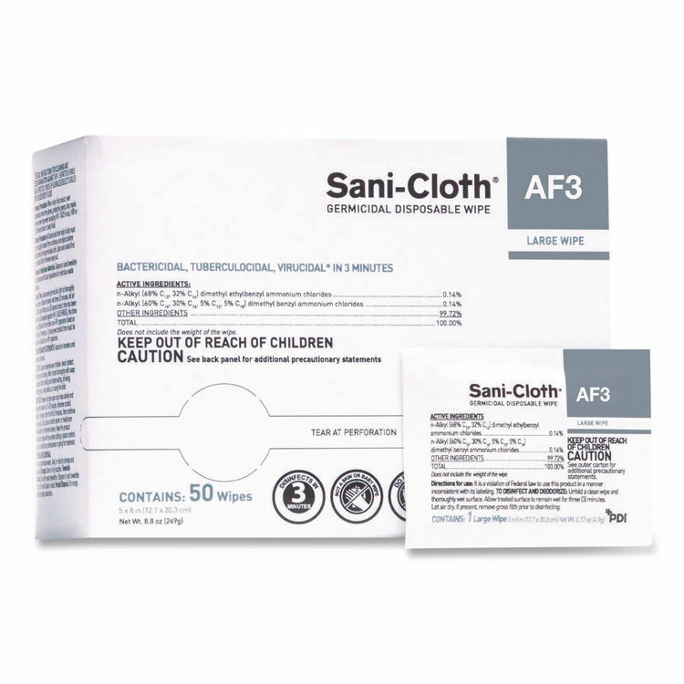 SANI PROFESSIONAL H59200 Sani-Cloth AF3 Germicidal Disposable Wipes, Large, 1-Ply, 8" x 5", Unscented, White, 50/Pack, 10 Packs/Carton
