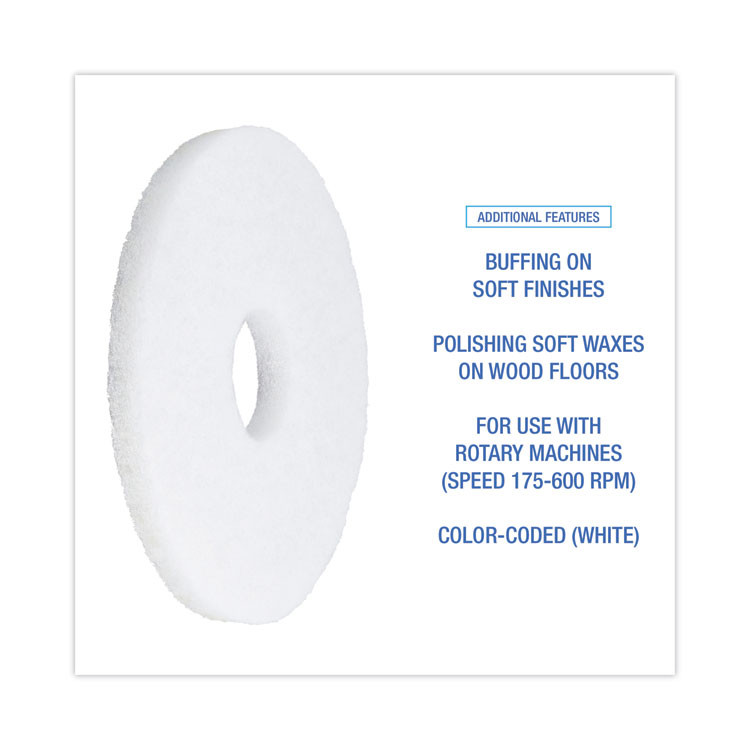BOARDWALK 4012WHI Polishing Floor Pads, 12" Diameter, White, 5/Carton
