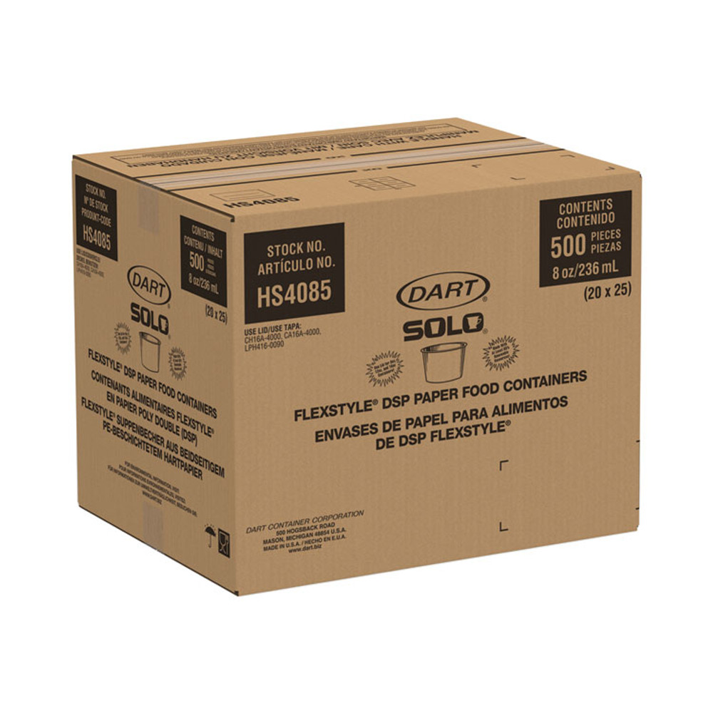 DART SOLO® HS4085WH Flexstyle Double Poly Paper Containers, 8 oz, White, Paper, 25/Pack, 20 Packs/Carton