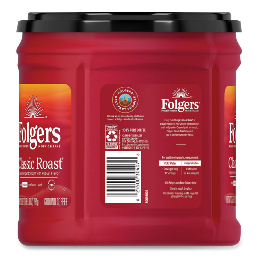 KEURIG DR PEPPER Folgers® 20421CT Coffee, Classic Roast, Ground, 25.9 oz Canister, 6/Carton