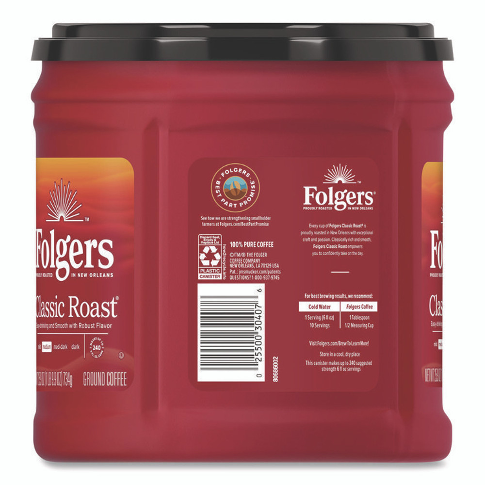 KEURIG DR PEPPER Folgers® 20421CT Coffee, Classic Roast, Ground, 25.9 oz Canister, 6/Carton