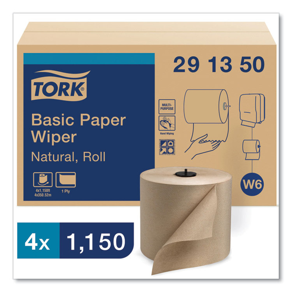 SCA TISSUE Tork® 291350 Basic Paper Wiper Roll Towel, 1-Ply, 7.68" x 1,150 ft, Natural, 4 Rolls/Carton