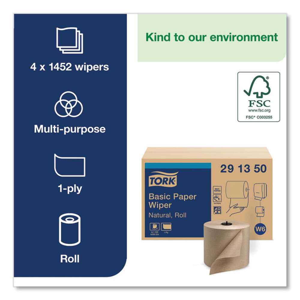 SCA TISSUE Tork® 291350 Basic Paper Wiper Roll Towel, 1-Ply, 7.68" x 1,150 ft, Natural, 4 Rolls/Carton