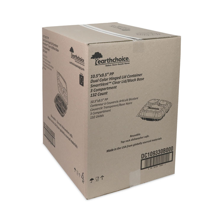 PACTIV EVERGREEN CORPORATION DC109330B000 EarthChoice Vented Dual Color Microwavable Hinged Lid Container, 3-Compartment Base/Lid, 54 oz, Black/Clear, Plastic, 132/CT