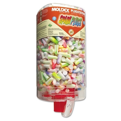 Moldex PlugStation® Earplug Dispenser, Disposable Plastic Bottle, Foam Earplugs, Assorted Color Swirls/Streaks, SparkPlugs®