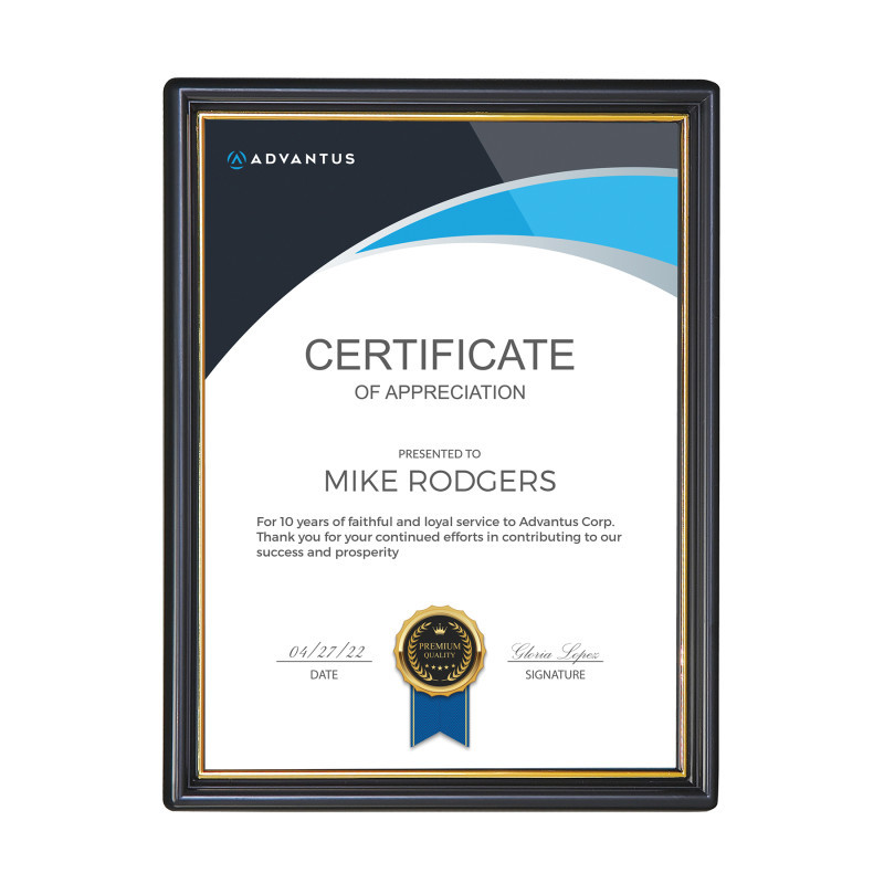 ADVANTUS NuDell EZ Mount Document Frame, Black & Gold Plastic, 8x10 in