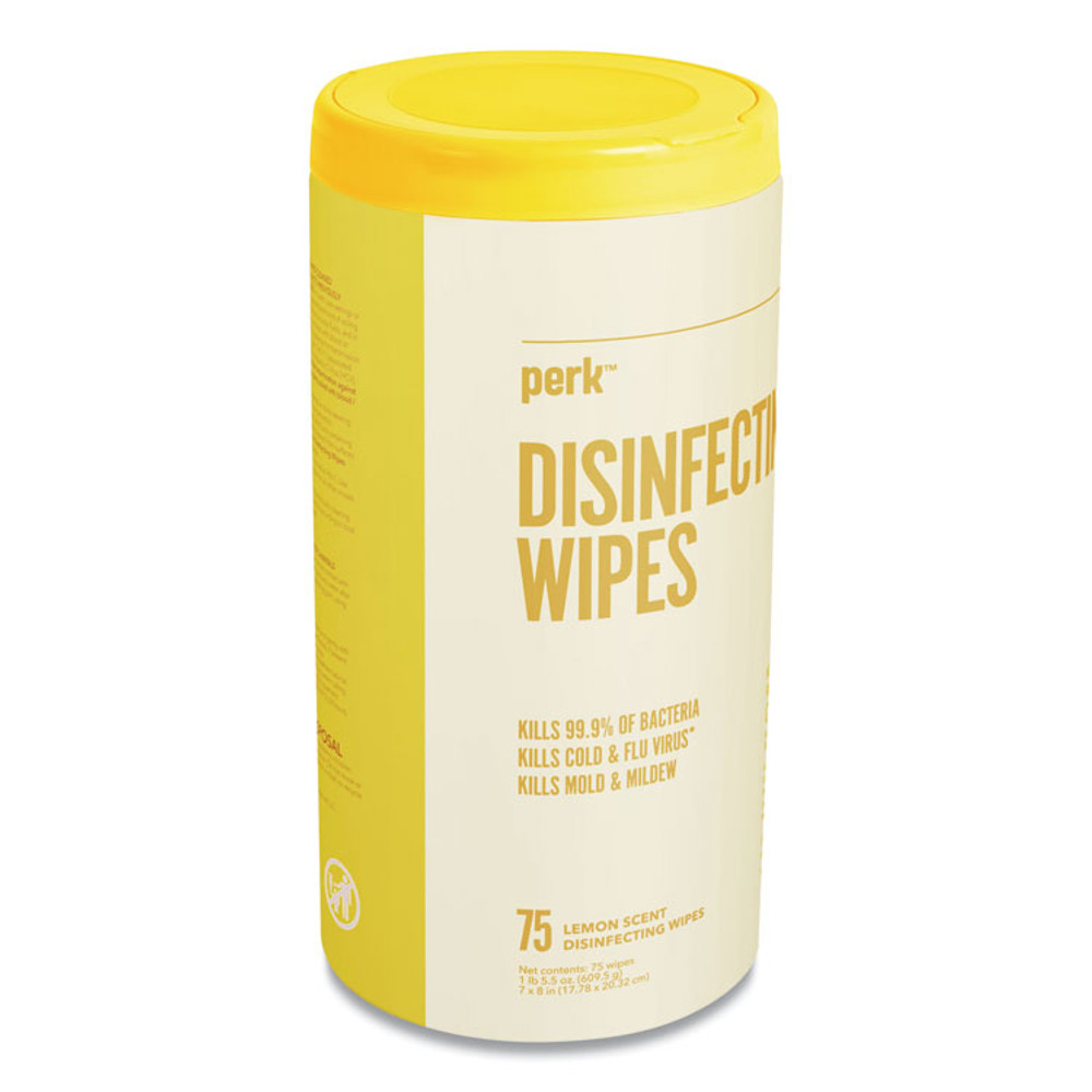 PERK 24411134 Disinfecting Wipes, 7 x 8, Lemon, White, 75 Wipes/Canister