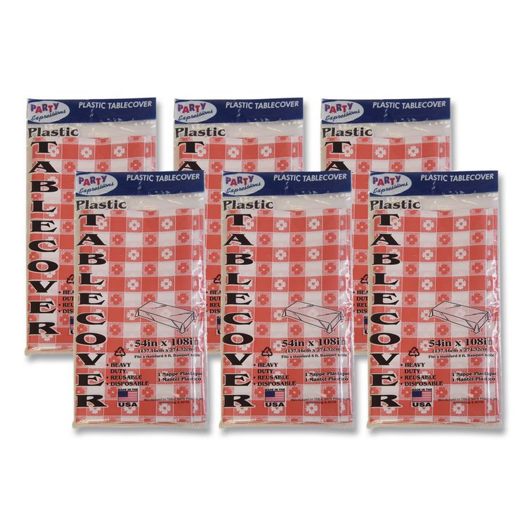 TABLEMATE PRODUCTS, CO. 549RDG Table Set Rectangular Table Covers, Heavyweight Plastic, 54" x 108", Plaid Red/White, 6/Pack