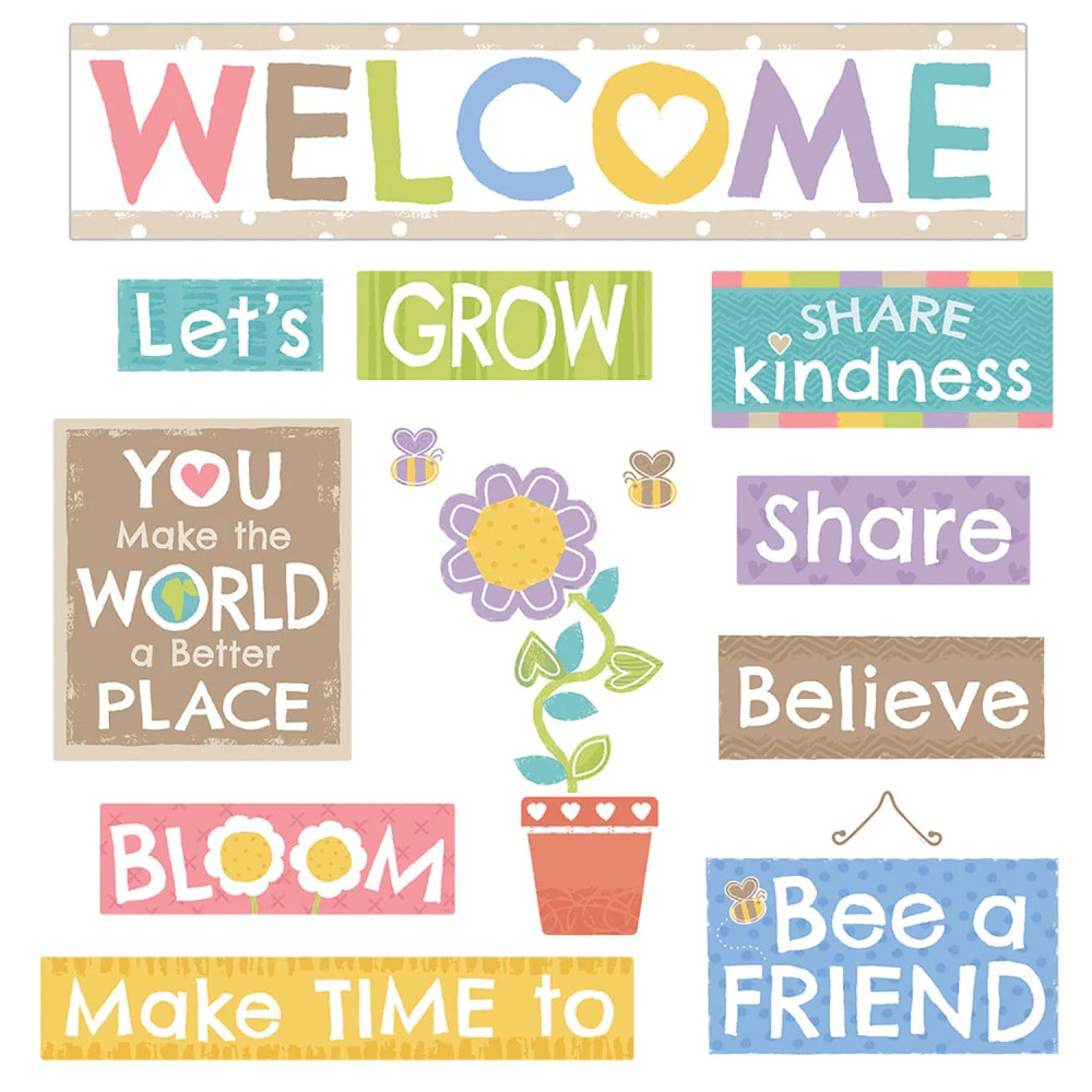 Create a kind and encouraging learning environment with the Always Welcome Bulletin Board Set. Large welcome sign and buildable phrases & posters can be combined in endless ways to make an inviting space.  Nature-inspired messages, accents, and colors can be used to welcome everyone, celebrate achievements, encourage one another, and spread kindness.  Building empathy & resiliency is a creative, collaborative process.  Large welcome sign (36in wide), 16 mix N match phrases & words, and 12 nature-themed accents included.