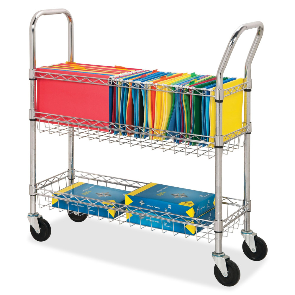 Use this mobile mail cart to sort and deliver all your mail - big or small.  The top basket can accommodate letter-size and legal-size hanging folders.  Sturdy bottom basket is perfect for larger packages and bulk goods.  Wire mail cart is made of heavy-duty steel tubing and wire to withstand constant use.  4in wheels offer easy mobility and stability with two locking wheels.  Both ends of the cart have handles for easy navigation.  One handle is slanted for easier maneuvering.  Weight capacity is 99 lb (45 kg).