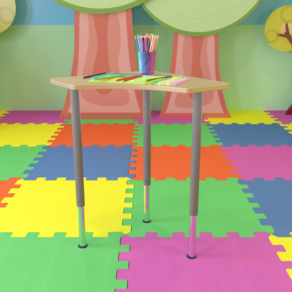 Create an inviting learning space with help from the Flash Furniture Triangular Collaborative 32inW Student Desk. The desk is made with powder-coated legs that are adjustable to suit users of different heights. The thick, laminate surface helps protect against damage.  Thick, powder-coated legs adjust in 1in increments.  3/4in-thick, thermal-fused laminate top offer resistance to warping, scratches and stains.  Recommended for kindergarten to adult ages.  Works with chairs from 12 to 18inH.  Assembly required.  Backed by the manufacturers 2-year limited warranty.  Tested to meet ANSI/BIFMA Performance Standards - Manufacturer testing has been conducted on this product to meet specific performance requirements and safety standards set forth by the American National Standards Institute (ANSI) and the Business and Institutional Furniture Manufacturers.